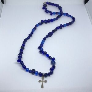 VINTAGE artisan cobalt blue art glass necklace with cross pendant